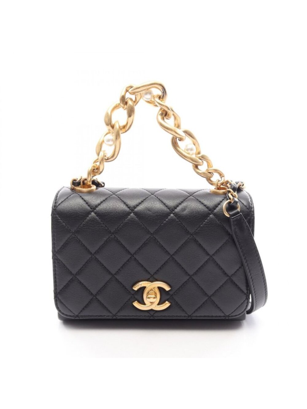Chanel Shoulder Bag Quilted 2-Way Black Lambskin Full Flap Chain